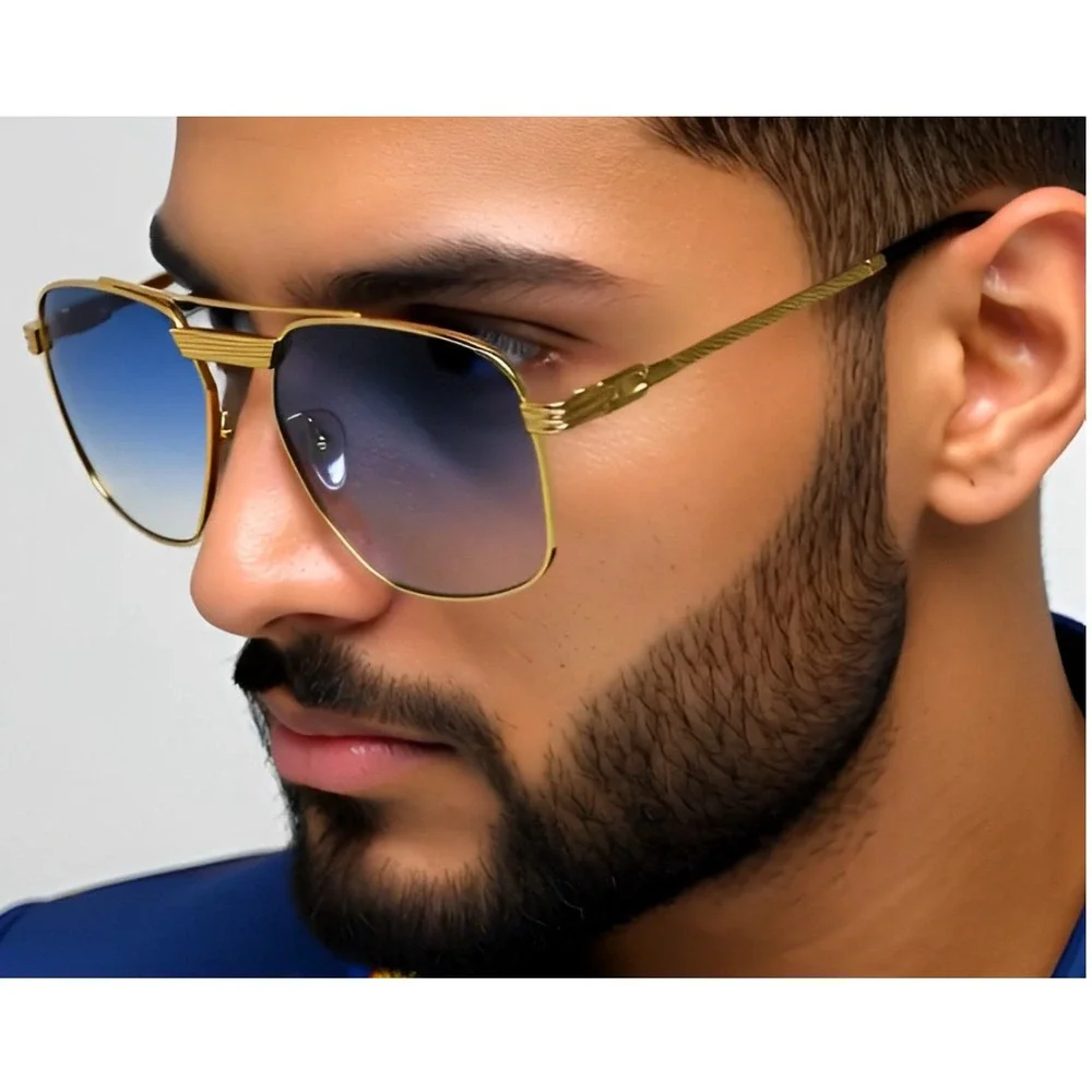 Men Sunglasses Fashion Blue Lens Gold Frame Square Retro Classic UV400 Lentes‎